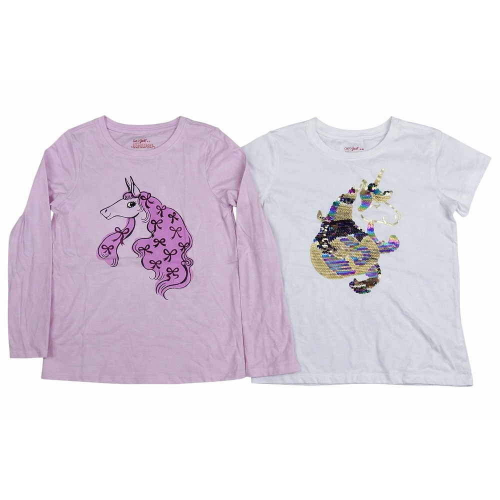 Cat & Jack Girls Unicorn‎ Shirts 2 Pack Size M 8 Short Sleeve Sequin/Long Sleeve